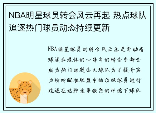 NBA明星球员转会风云再起 热点球队追逐热门球员动态持续更新