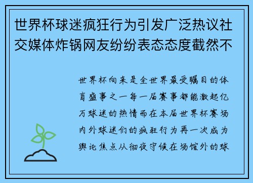 世界杯球迷疯狂行为引发广泛热议社交媒体炸锅网友纷纷表态态度截然不同